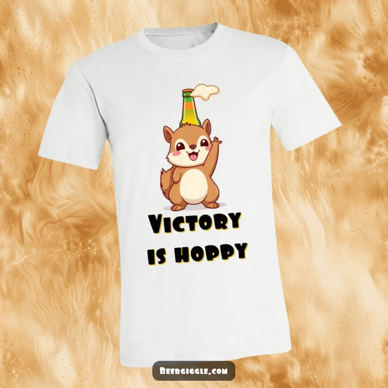 Funny kawaii squirrel t-shirt featuring a happy squirrel holding a beer bottle aloft, celebrating with gusto.