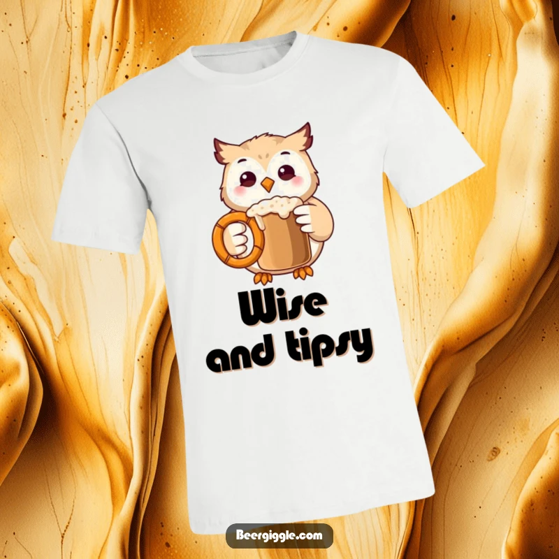 Funny Kawaii Owl T-Shirt: Cute owl character sharing a happy mug clink with a pretzel, embodying playful friendship.