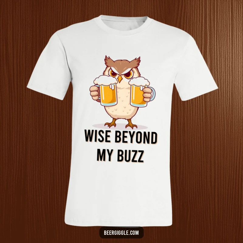 Funny Owl T-Shirt: A determined owl character attempting to balance two overflowing beer mugs, looking focused and a bit wobbly.