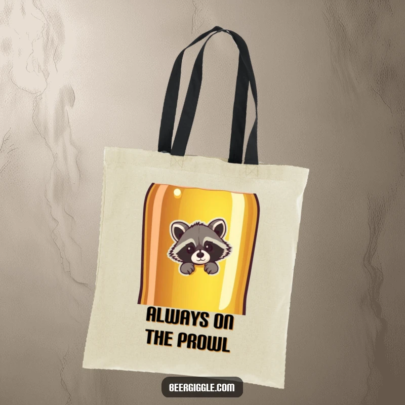Funny raccoon character peeking behind a giant beer bottle, sturdy tote bag for everyday use, celebrating quirky humor.
