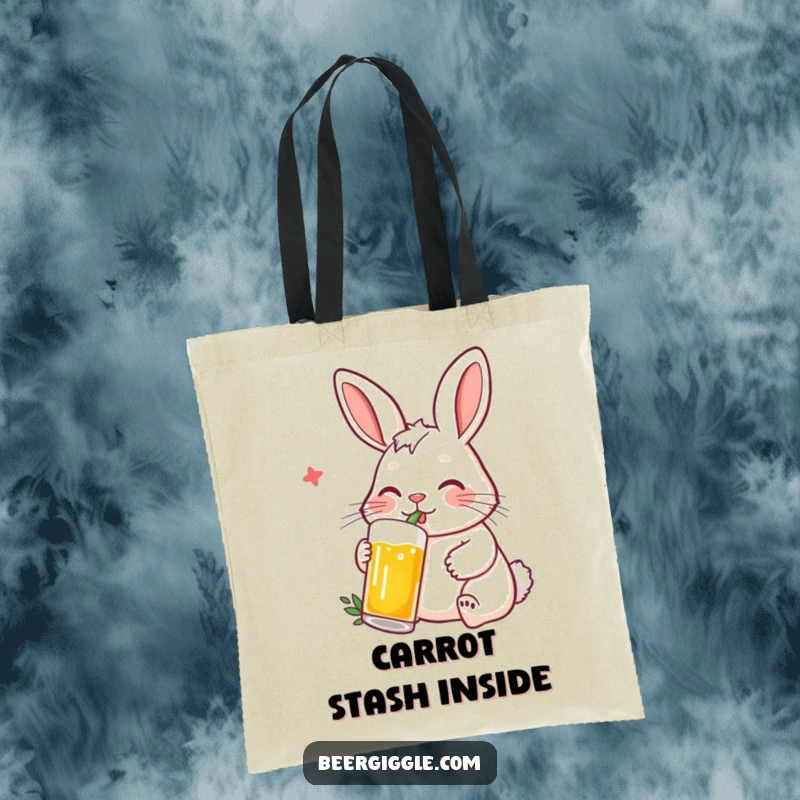Funny Rabbit Tote Bag: A contented rabbit character sipping beer from a bottle with a straw, looking happy.
