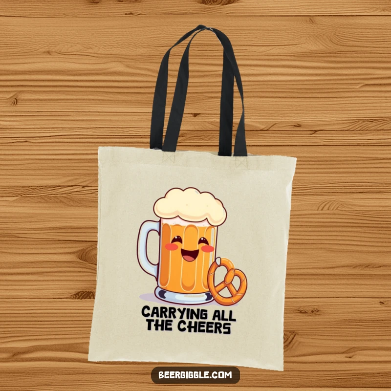 Funny beer mug tote bag, grinning, toasting with a tiny pretzel, reusable bag, shopping accessory, humorous design.
