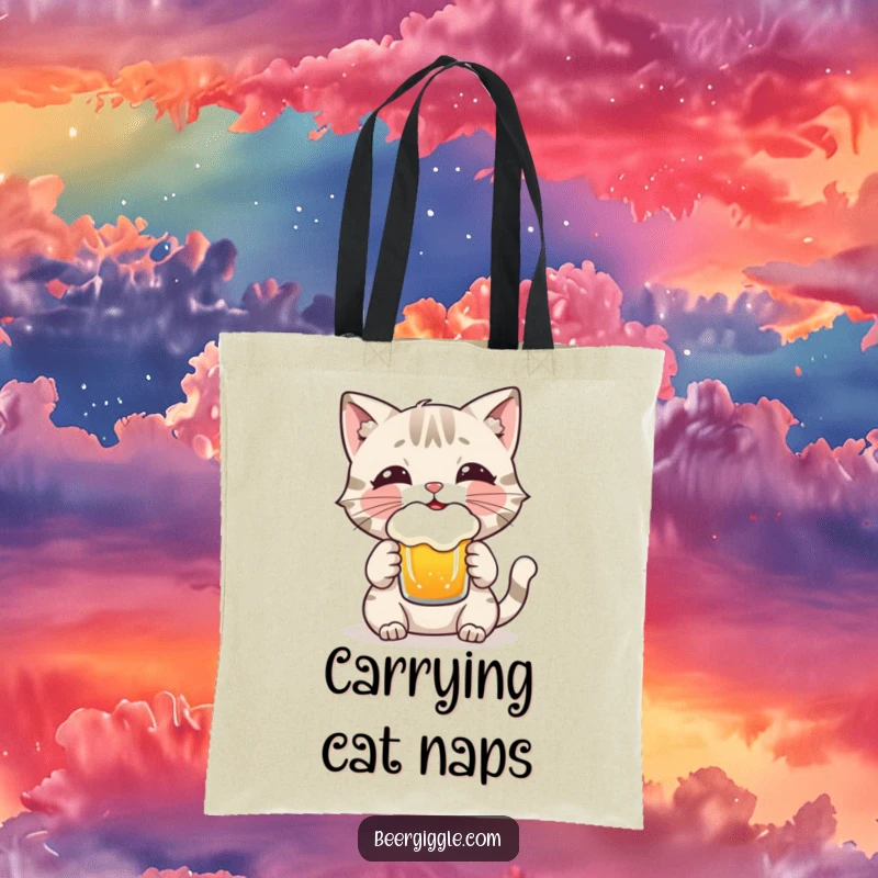 Funny Cat Tote Bag: A playful cat character enjoying a frothy beer, perfect for shopping and cat lovers.