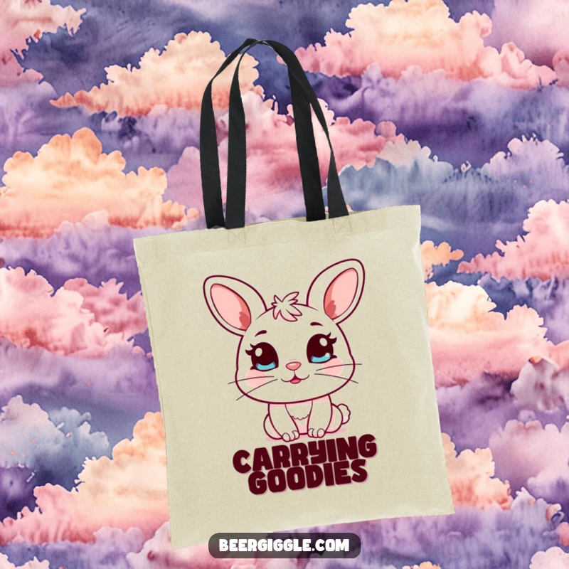 Funny Kawaii Bunny Tote Bag: Cute bunny character winks holding a full mug; perfect for carrying items with a sweet, humorous touch.