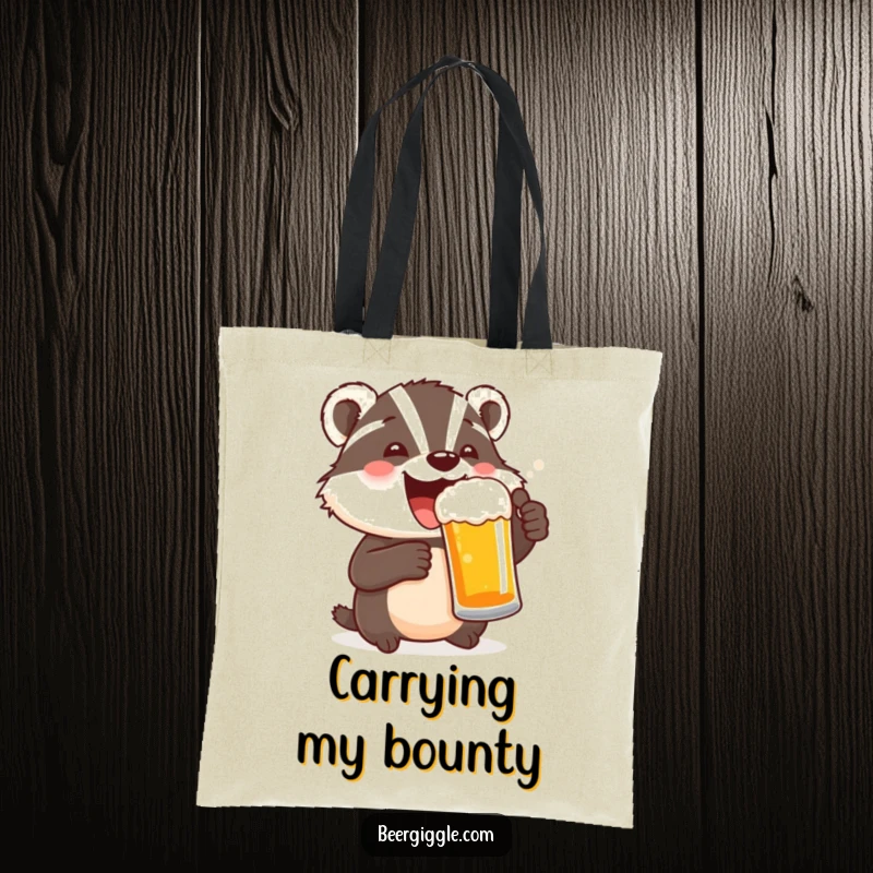 Funny tote bag design featuring a delighted badger character toasting with a beer, great for festive outings.