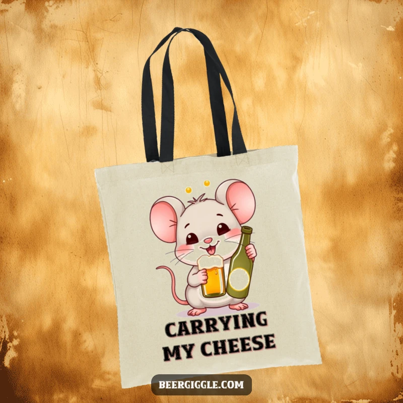 Funny Kawaii Mouse Beer Tote Bag: A happy mouse holding a tiny beer bottle. Humorous and practical accessory for shoppers.