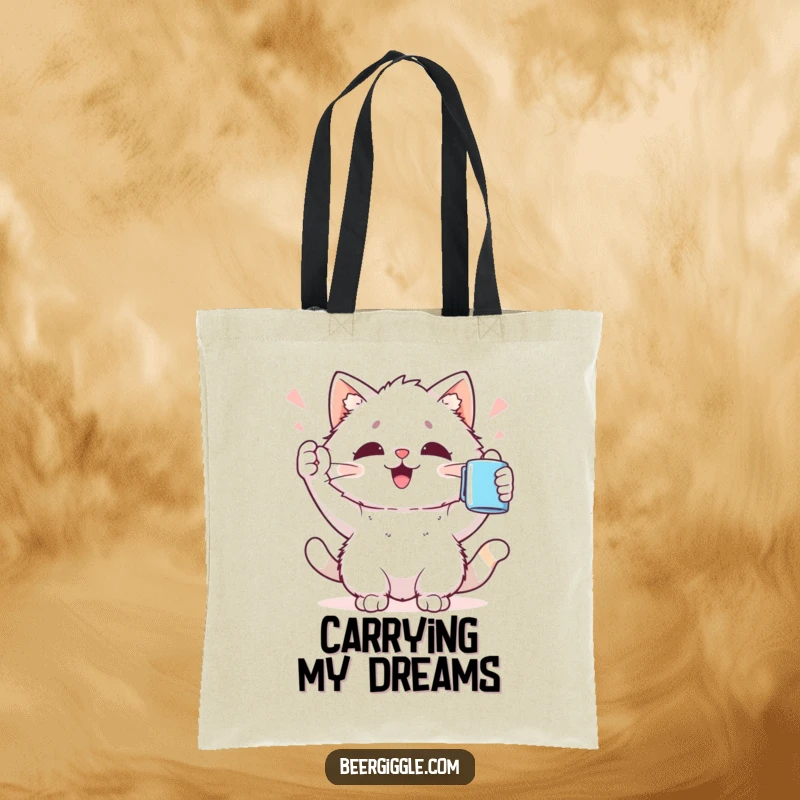 Funny Kawaii Cat Tote Bag: Cute cat character holds a mug up high, cheering; perfect for carrying goodies with flair.