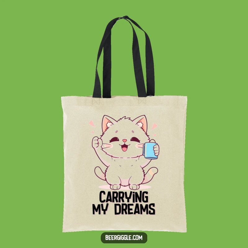 Funny Kawaii Cat Tote Bag: Stylish Bag with Cat Cheering Mug Design