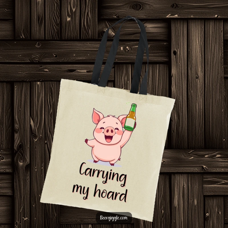 Funny tote bag design featuring a gleeful pig holding a beer bottle high, ready for any festive occasion.