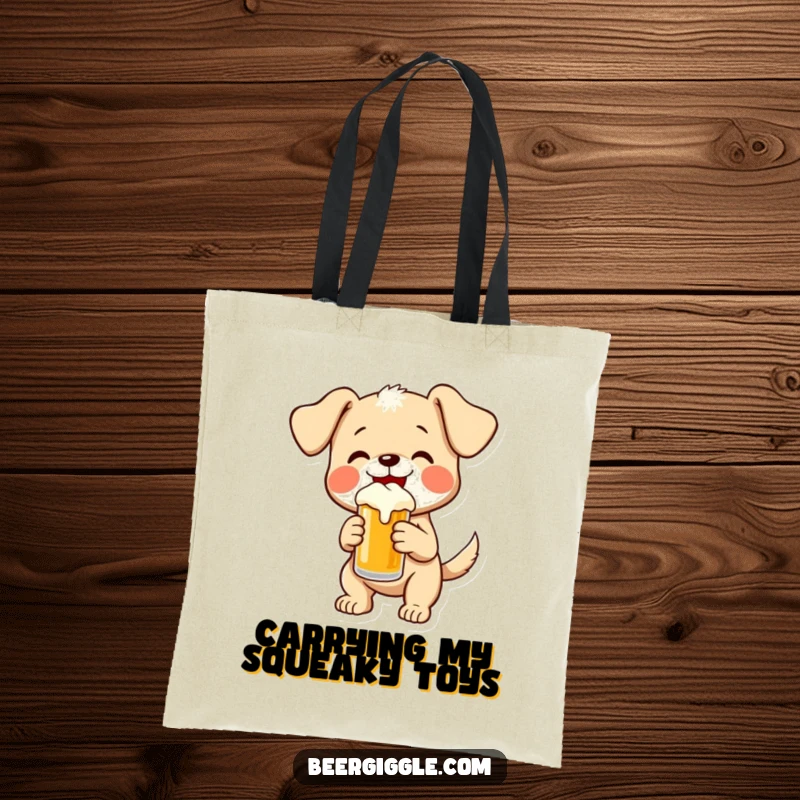 Funny puppy wagging its tail and holding a small beer, depicted on a tote bag for a cheerful, humorous vibe.