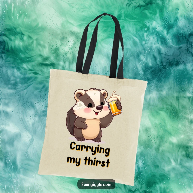 Funny Tote Bag with a satisfied badger character raising a beer stein, perfect for carrying groceries or showing off beer enthusiasm.