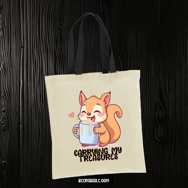 Funny Kawaii Squirrel Chugging Tote Bag: A playful squirrel drinking from a tiny mug. A humorous and practical accessory for shoppers.