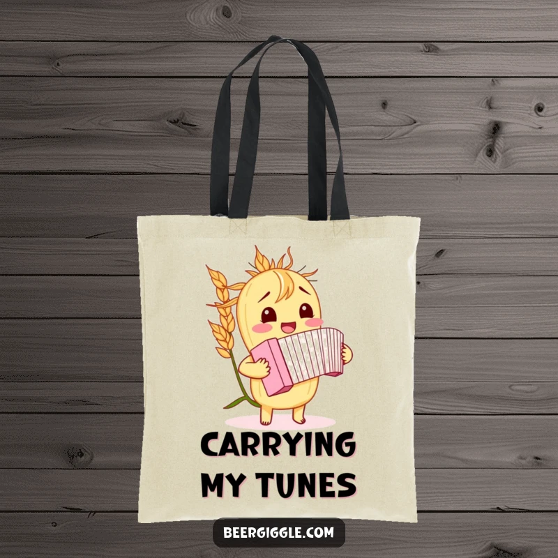 Funny barley stalk tote bag, giggling, playing a miniature accordion, reusable bag, shopping accessory, humorous design.