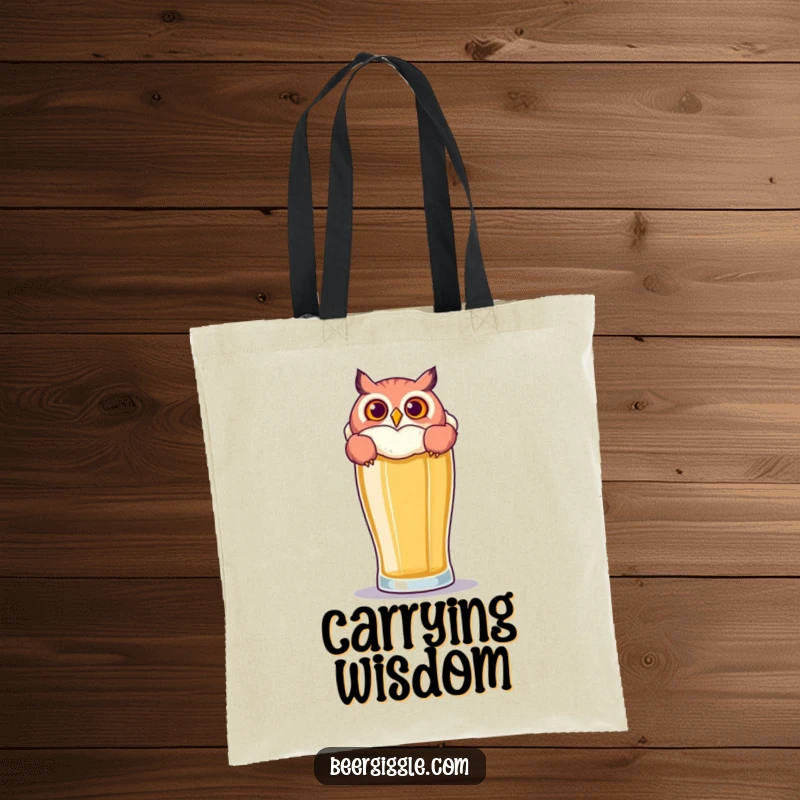 Funny Owl Beer Tote Bag: A playful owl peers over a large beer glass, perfect for carrying humorous essentials.