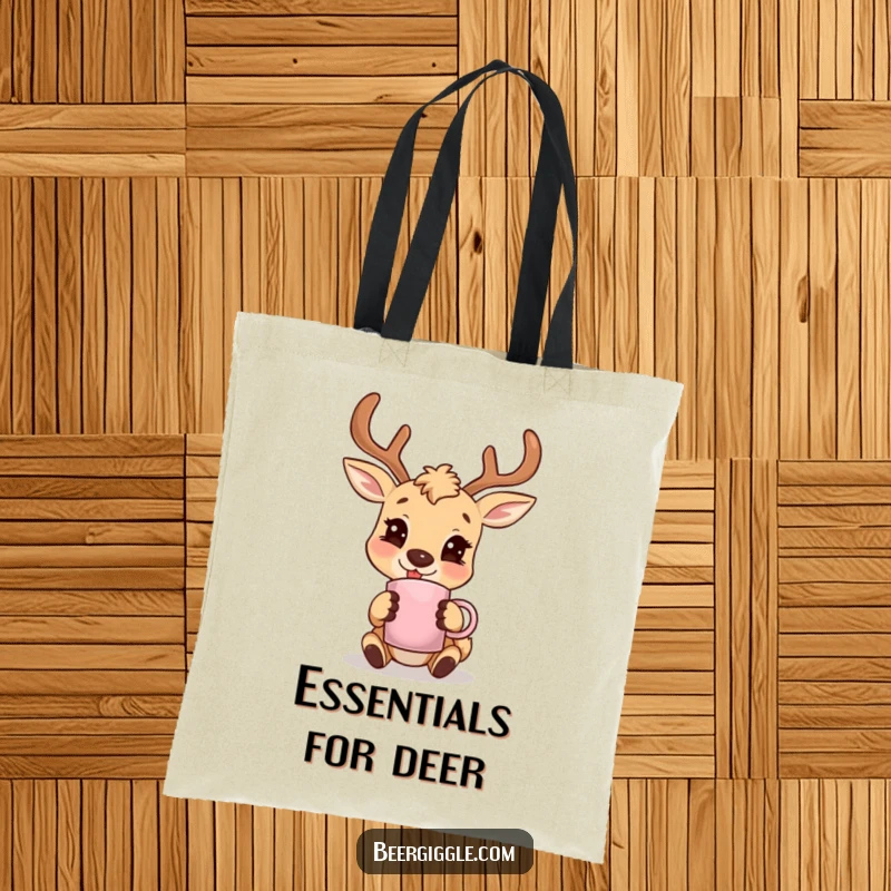 Funny deer character smiling with an antler mug, sturdy tote bag for everyday use, celebrating woodland charm and happiness.