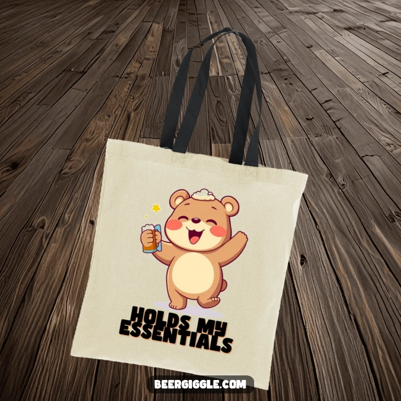 Funny bear beer dance tote bag, carrying a frothy mug while doing a happy jig, perfect for funny grocery shopping.
