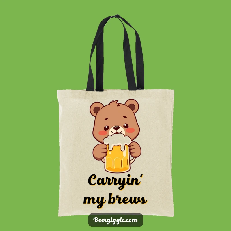 Funny Bear Beer Tote Bag: Happy Character Clinks Frothy Beer - Handy Gift!