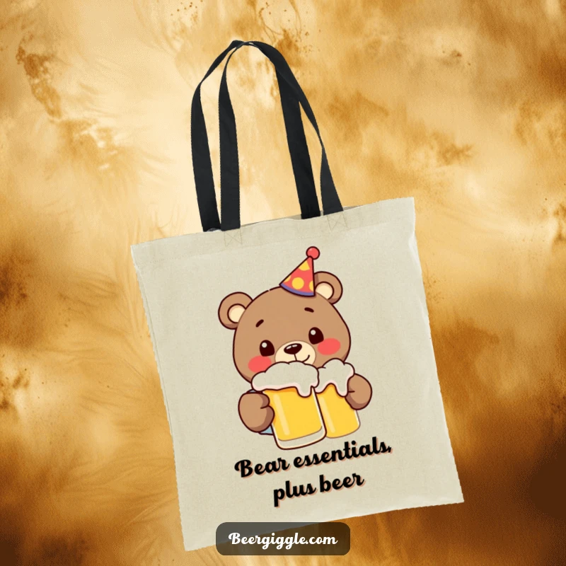 Funny bear celebrating with beer, depicted on a tote bag, showcasing a cheerful and humorous vibe for carrying essentials.