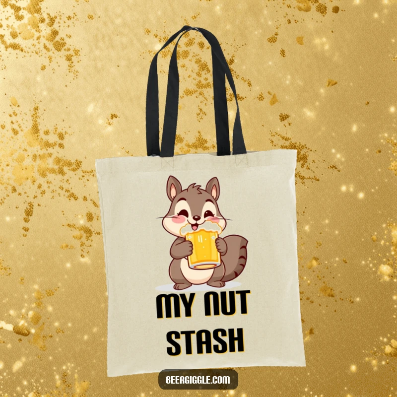 Funny tote bag with a cheerful squirrel character holding a beer mug, perfect for carrying groceries or daily items with woodland humor.
