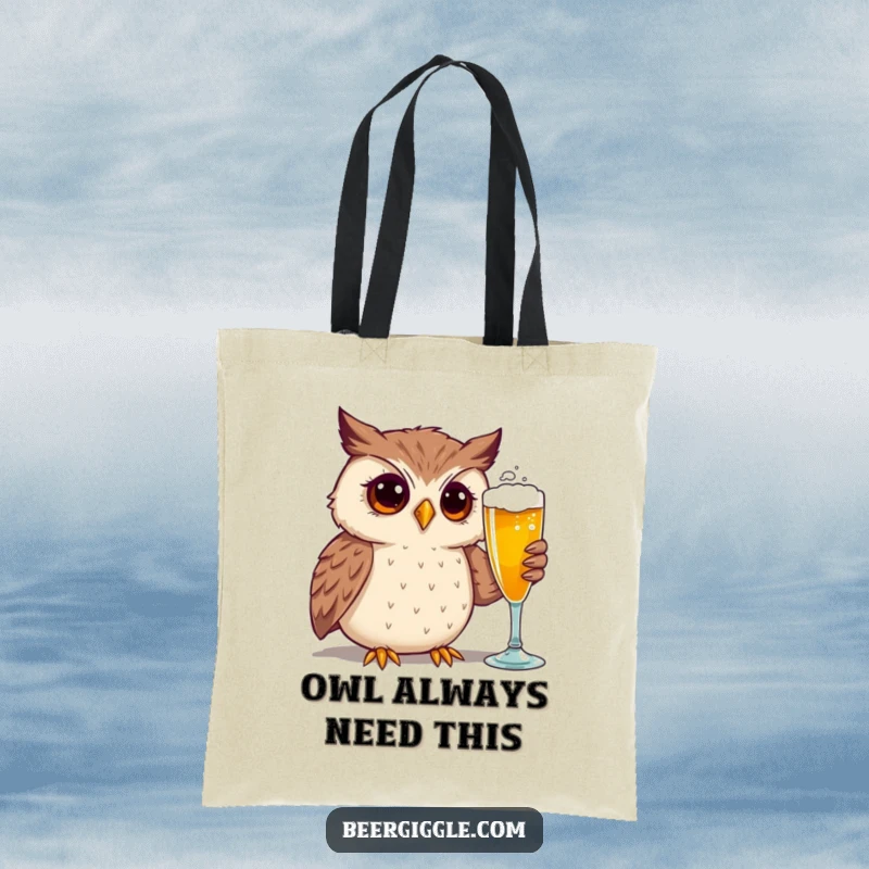 Funny tote bag featuring a curious owl character contemplating a frothy beer glass, ideal for humorous shoppers.