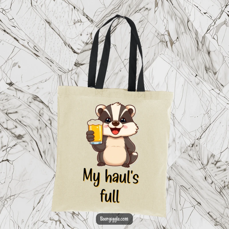 Funny tote bag with a delighted badger character toasting with a beer, perfect for everyday use and spreading celebration.