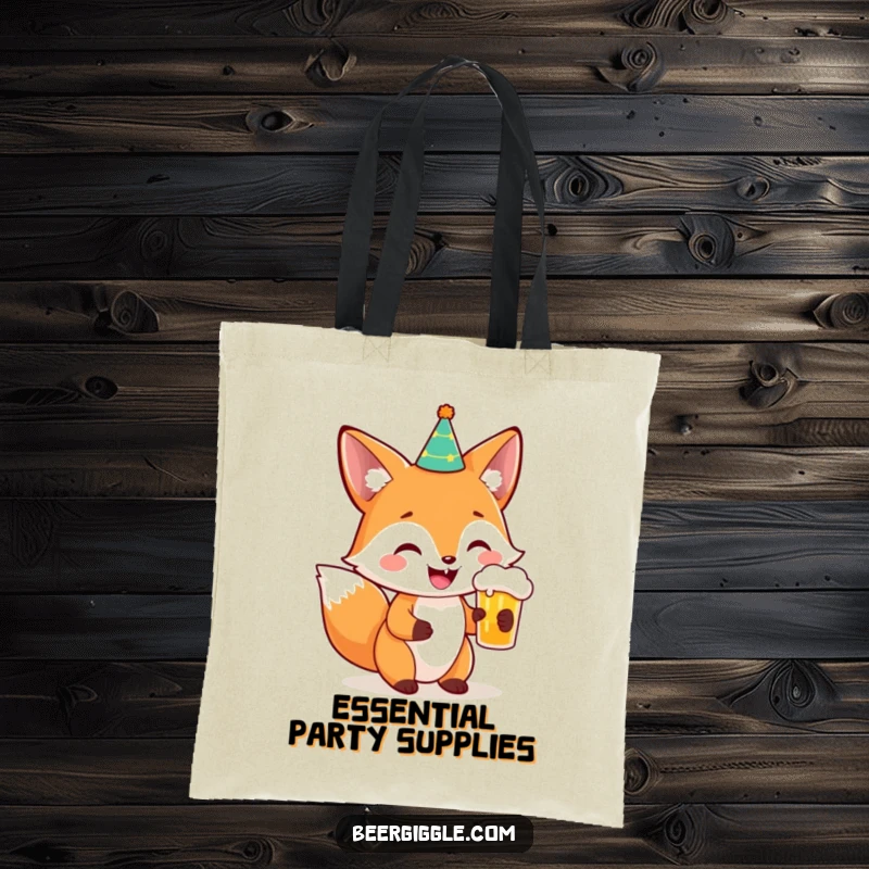 Funny Fox Party Beer Tote Bag: A smiling fox with a party hat and beer, ready for a hilarious outing.