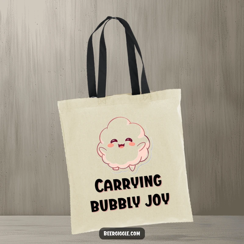 Funny kawaii foamy character giggling while floating upwards on a tote bag, practical and whimsical. Great gift.