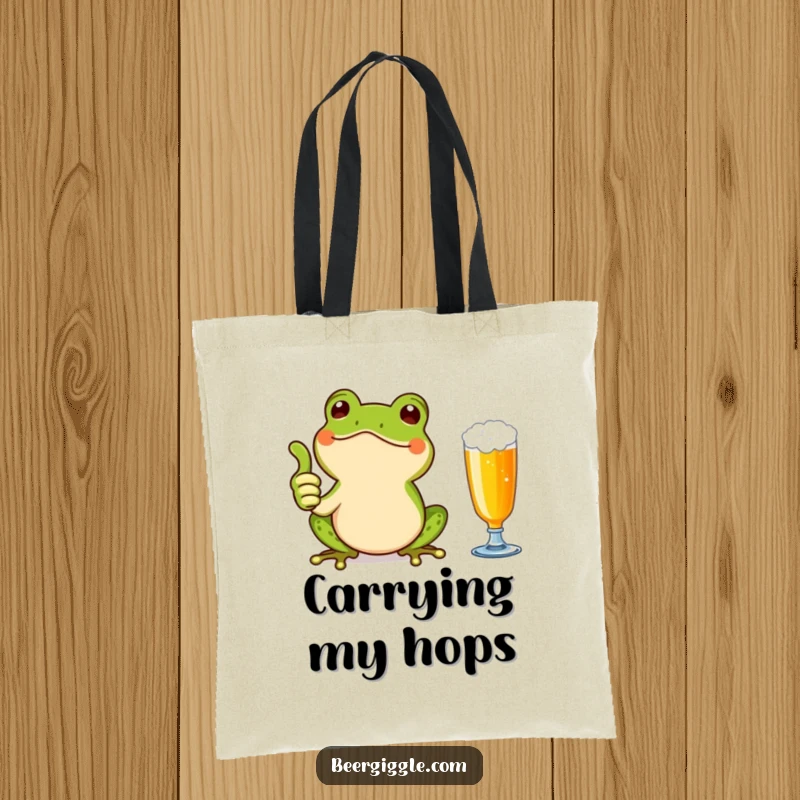 Funny Kawaii Frog Thumbs Up Tote Bag: A happy frog giving a thumbs up next to a beer. Humorous and practical accessory for shoppers.