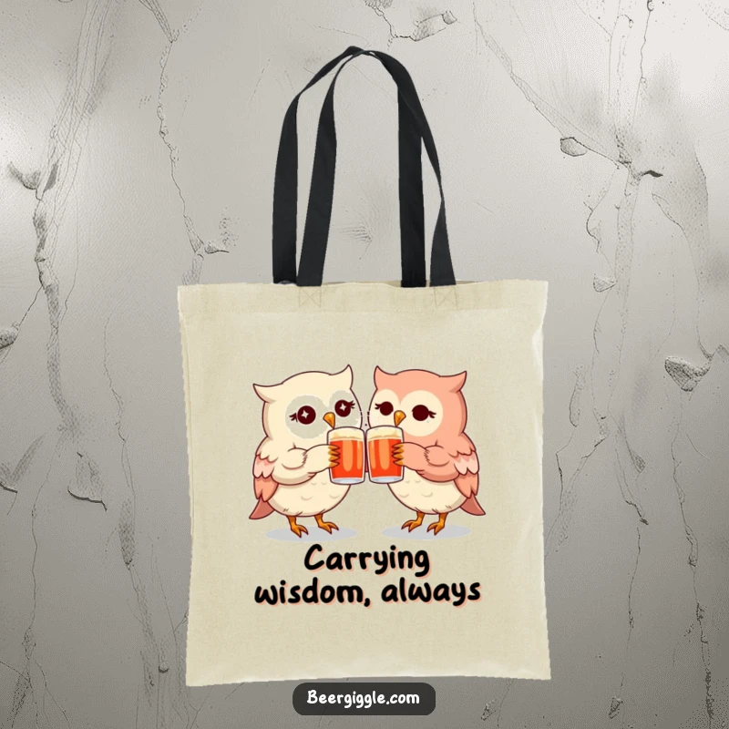 Funny kawaii owl mugs tote bag with twinkling owls clinking, symbolizing friendship and carrying essentials together.