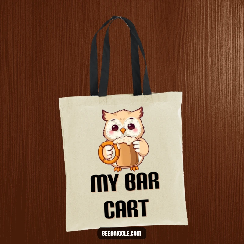 Funny Kawaii Owl Tote Bag: Cute owl character happily clinks a pretzel mug, perfect for groceries or books.