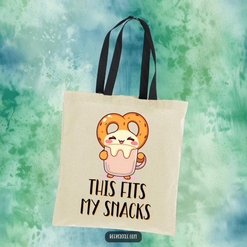Funny kawaii pretzel character winking while balancing a frothy mug on a tote bag, practical and humorous. Great gift.