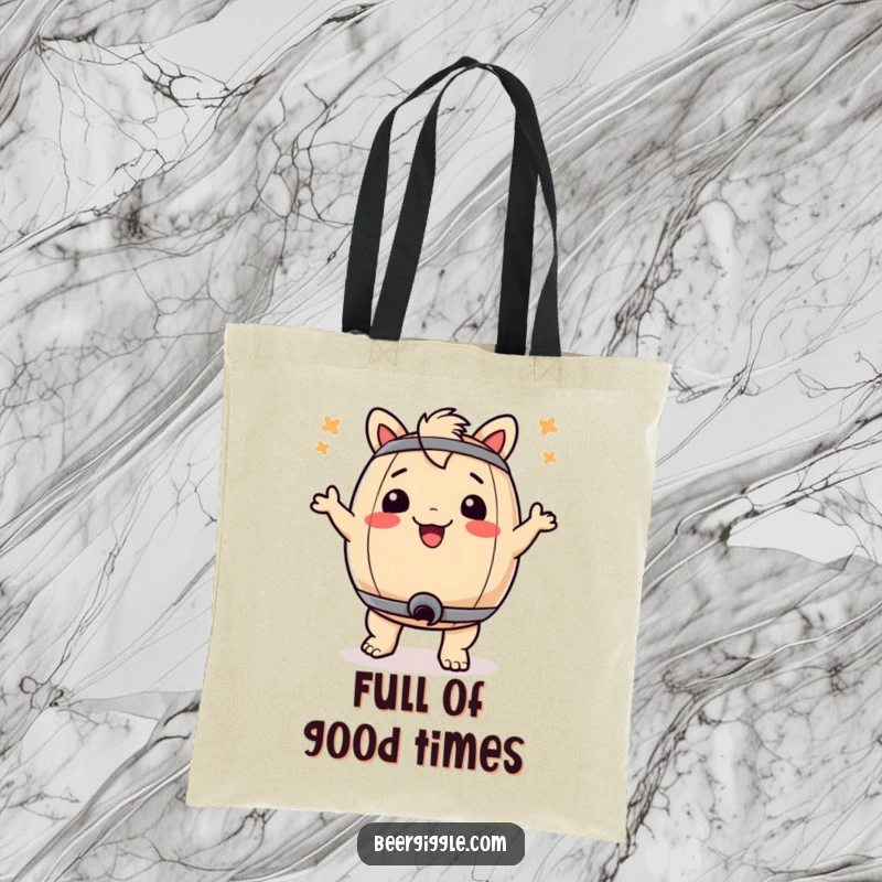 Funny tote bag with a playful keg character doing a happy bum dance, ideal for shopping and carrying daily items.