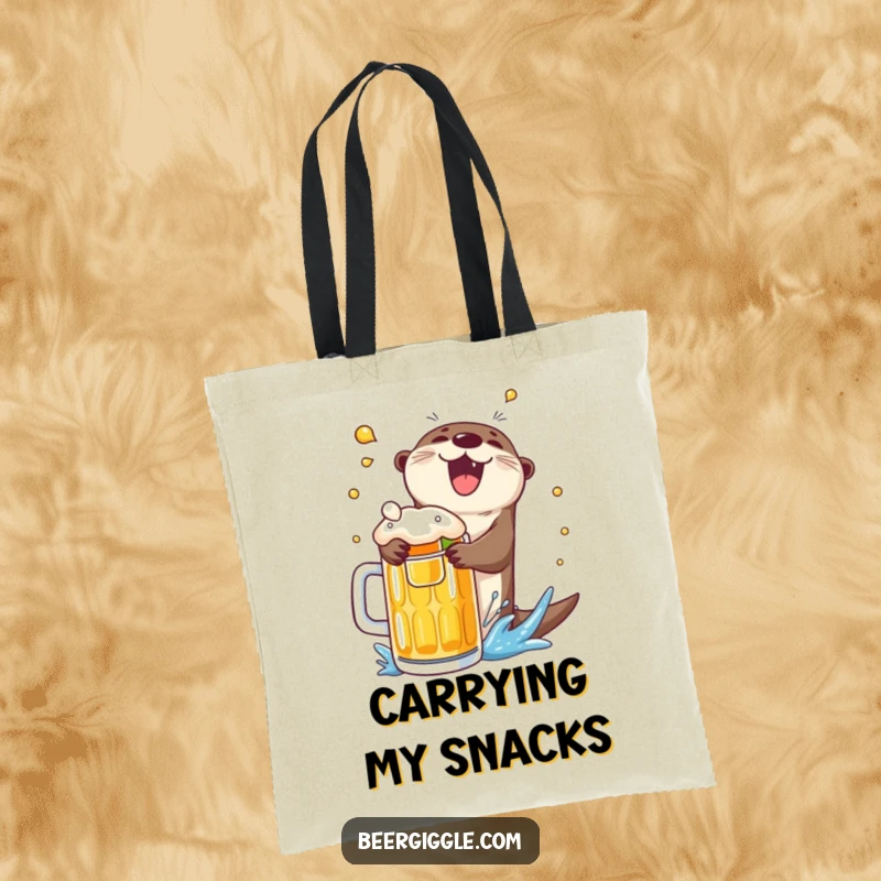 Funny otter beer dive tote bag, making a splash into a mug, perfect for carrying essentials with aquatic fun.