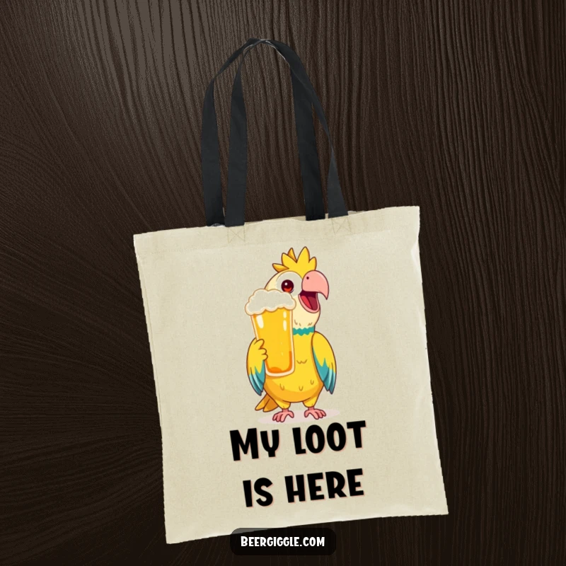 Funny Tote Bag with a happy parrot mimicking a toast with a beer, ideal for carrying items with a festive touch.
