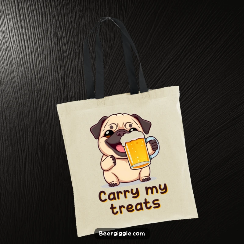 Funny pug beer toast tote bag, holding a pint, perfect for carrying essentials with canine charm and humor.