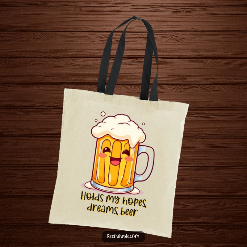 Funny kawaii beer mug overflowing with a cheerful grin on a durable tote bag, ideal for carrying essentials. Fun gift.