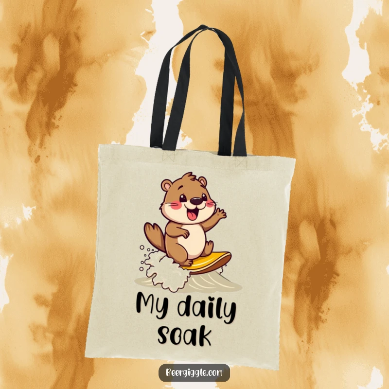 Funny beaver character surfing on a beer foam wave, durable tote bag for shopping and everyday use, celebrating aquatic fun.