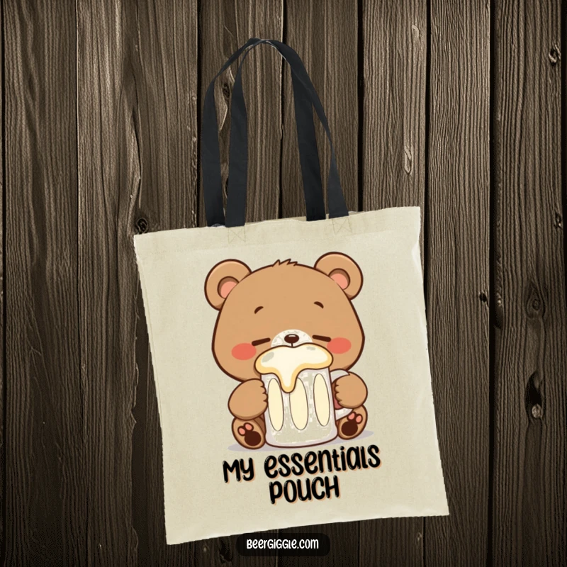 Funny kawaii bear stein tote bag with a happy bear sipping, ideal for carrying items with cute humor.