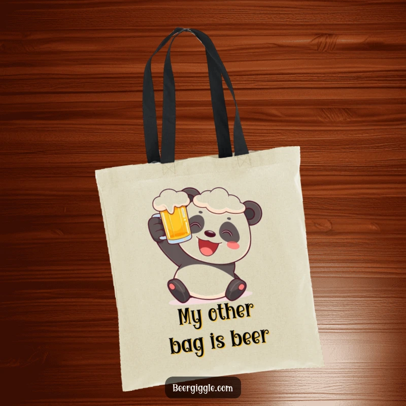 Funny panda tote bag featuring a cheerful character raising a frothy beer stein, ideal for shopping.