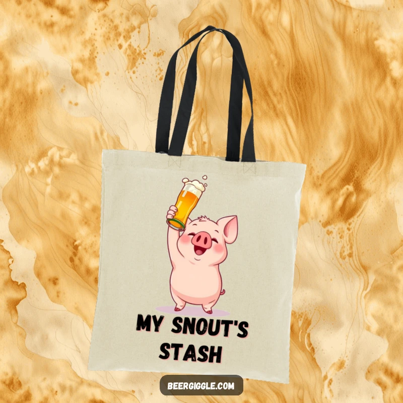 Funny tote bag featuring a gleeful pig raising a beer bottle, ideal for grocery runs or daily commutes with a laugh.